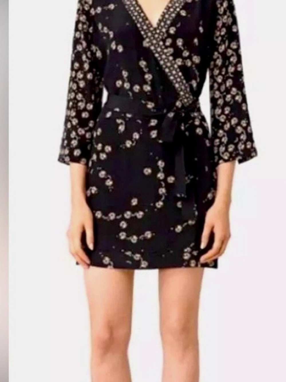 100% Silk AllSaints Black Floral Wrap Mini Dress